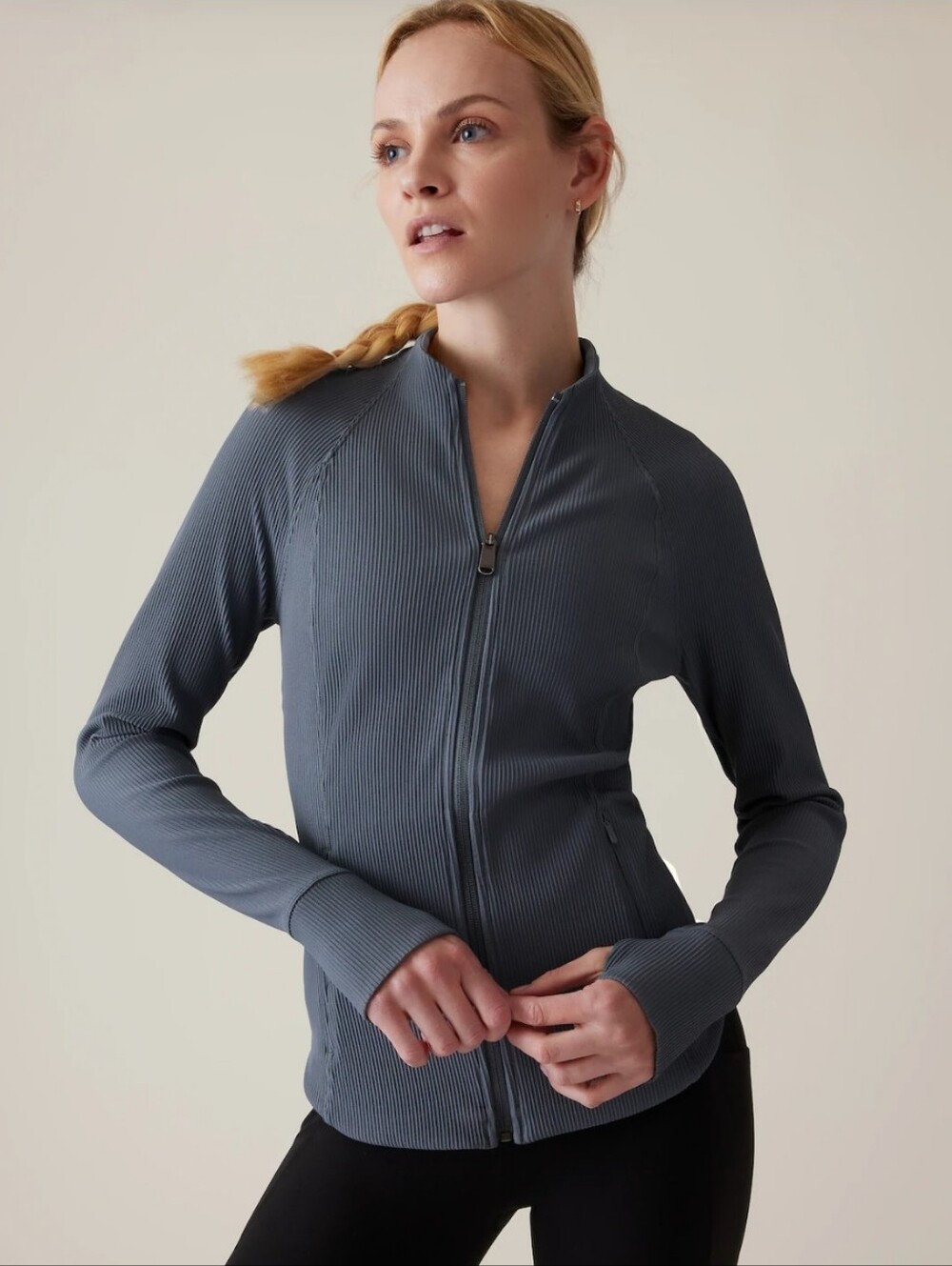 EUC ATHLETA SALUTATION RIBBED FULL ZIP JACKET BLUE GRAY XL